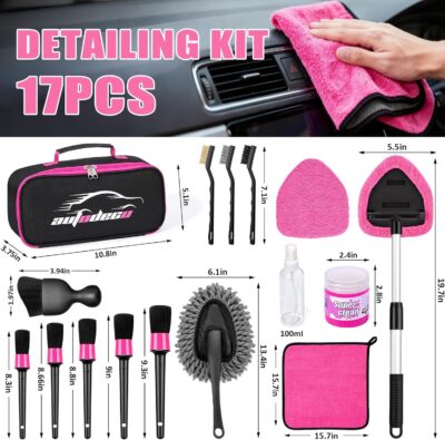 AUTODECO Windshield Cleaner Tool, 17Pcs Car Interior Detailing Kit, Detailing Brush, Towels, Duster, Car Cleaning Kit Interior for RVs, Truck, Trailer (Pink) - Image 8