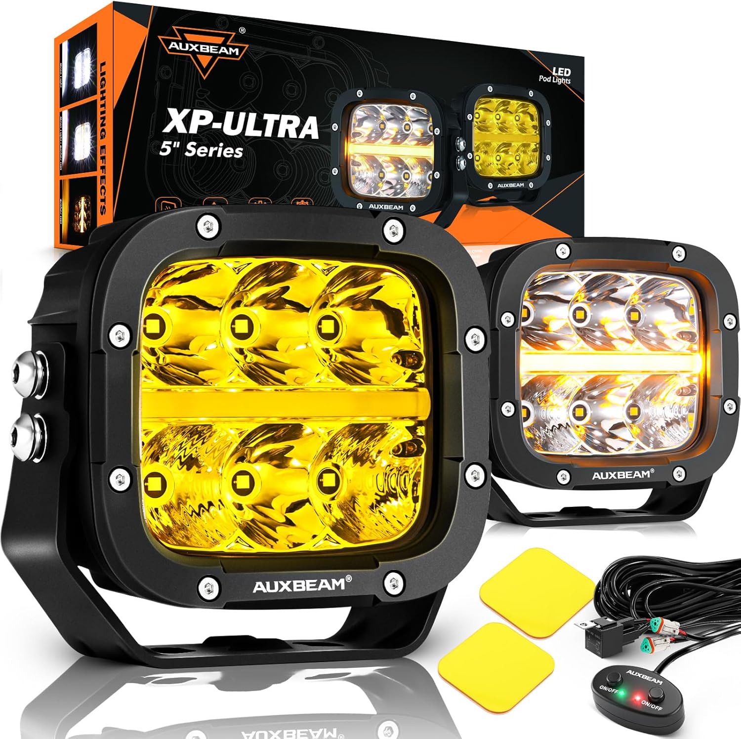 816Az7wMDQL._AC_SL1500_.jpg Auxbeam XP-Ultra Series 5 Inch Cube Offroad Lights, Amber DRL Function, Amber White Light Covers, 132W 15600LM Spot Flood Combo, LED Pod Light Bar Off-Road Fog Lights, Pair - Image 1