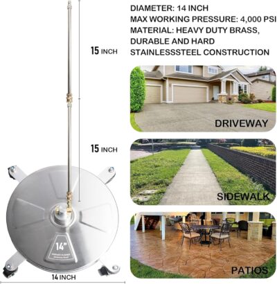 Hourleey 14" Pressure Washer Surface Cleaner, Stainless Steel Surface Cleaner with 4 Wheels for Concrete, Patio, Sidewalk, Deck, Pathway 1/4" Quick Connector, 2 Extension Wand, 4000 PSI - Image 2