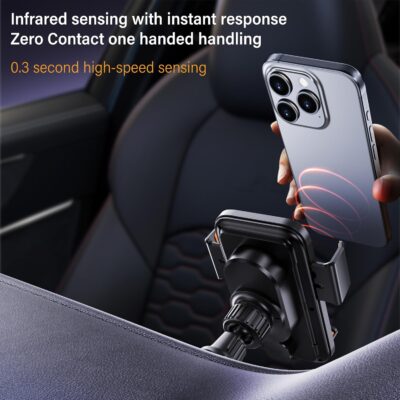 15W Wireless Car Charger & Auto Rotating Car Phone Holder MagSafe Compatible with LED Lights, Gesture Control Clamping, Auto Arm Opening, Built-In Battery, Dual Mount Options for Vent or Dashboard - Image 3