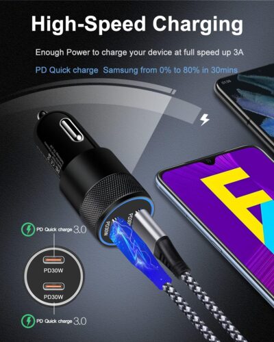 60W USB C Car Charger, Dual PD 3.0 Fast Charging Adapter Flush Fit Cigarette Lighter Plug for iPhone 17e 17 16 15 Pro Max 16e, Galaxy S26 S25 S24 Ultra S23, Google 10 9 Pro XL Type C Car Charger Block - Image 2