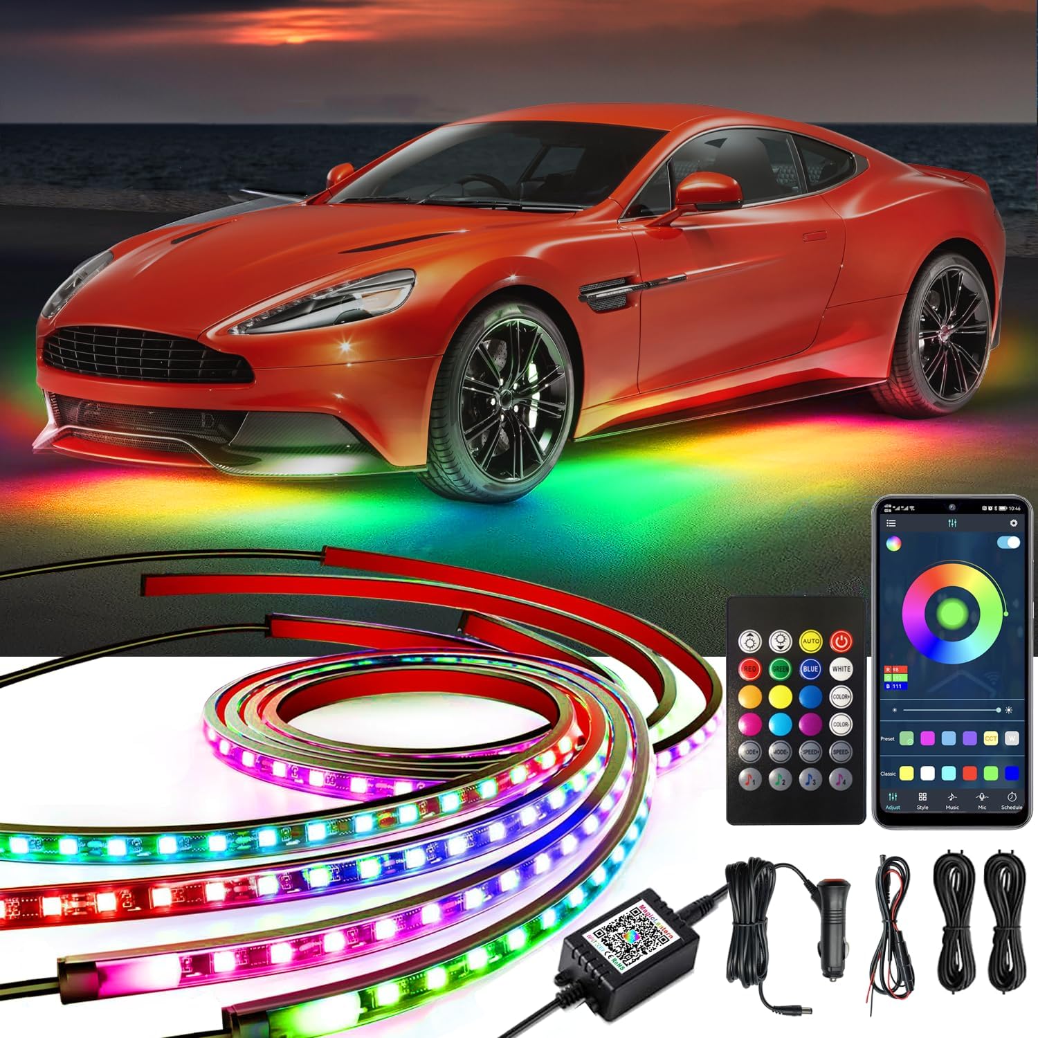 816izQTYPbL._AC_SL1500_.jpg Underglow Kit, RGB-IC Under Car Lights With Dream Color Dancing Chasing, 213 Scene Modes, App and Remote Control, 5 Music Modes LED Lights for All Cars - Image 1