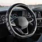 Carbon Fiber D Shaped Steering Wheel Cover – Universal 15 Inch (14.5-15″) Flat Bottom Steering Wheel Cover – Non Slip Leather Grip with Gel Comfort Padding – Sporty Design for Cars, SUVs & Trucks