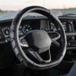 Carbon Fiber D Shaped Steering Wheel Cover – Universal 15 Inch (14.5-15″) Flat Bottom Steering Wheel Cover – Non Slip Leather Grip with Gel Comfort Padding – Sporty Design for Cars, SUVs & Trucks