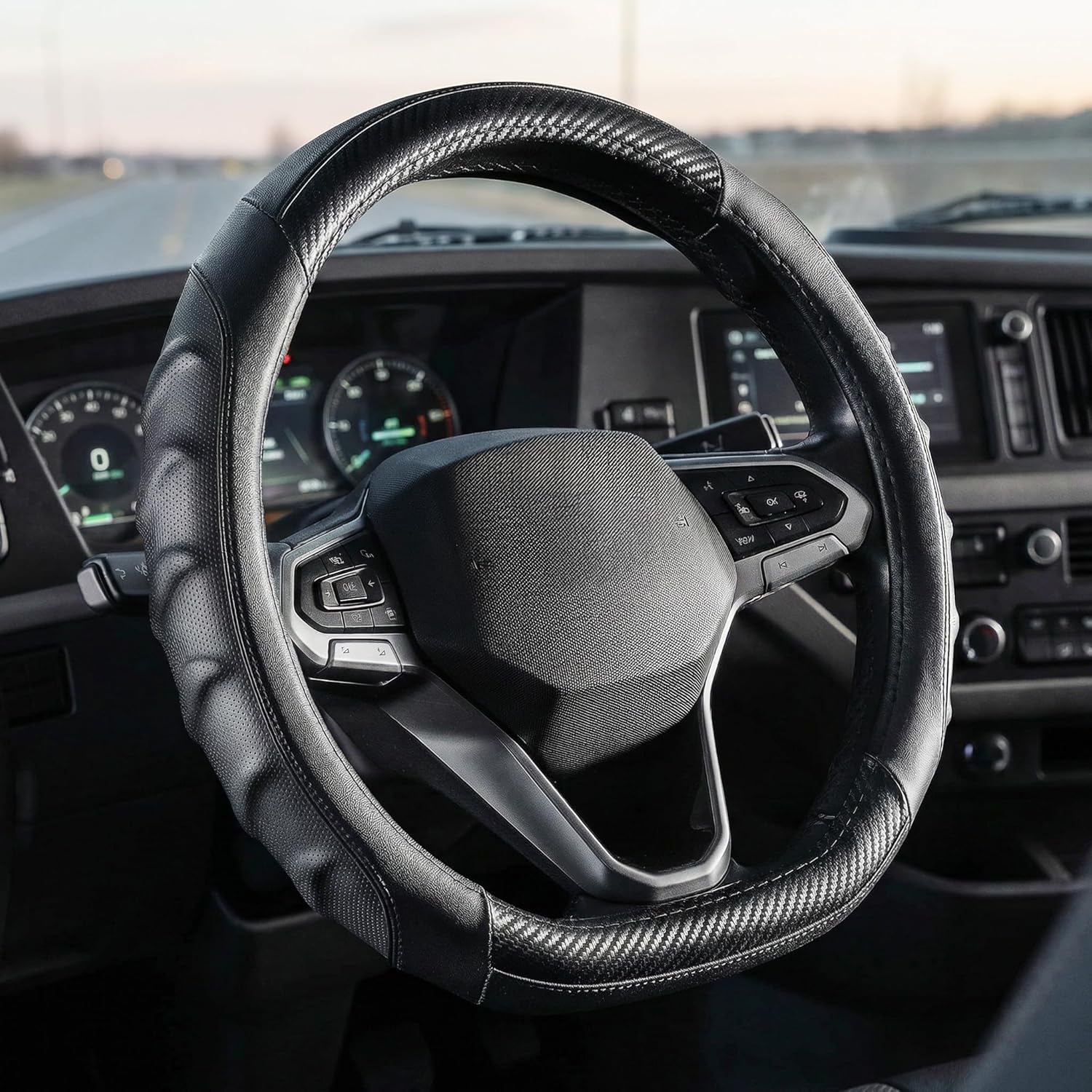 816oXwDCJ4L._AC_SL1500_.jpg Carbon Fiber D Shaped Steering Wheel Cover – Universal 15 Inch (14.5-15″) Flat Bottom Steering Wheel Cover – Non Slip Leather Grip with Gel Comfort Padding – Sporty Design for Cars, SUVs & Trucks - Image 1