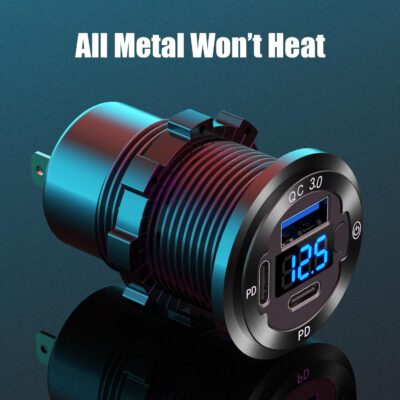 12V USB Outlet 3 Port Car Charger Socket, 78W Dual PD USB C 30W and Quick Charge3.0 Port Aluminum Charger Waterproof with Voltmeter and Button Switch for Boat Marine Motorcycle RV Truck Golf Cart, etc - Image 2