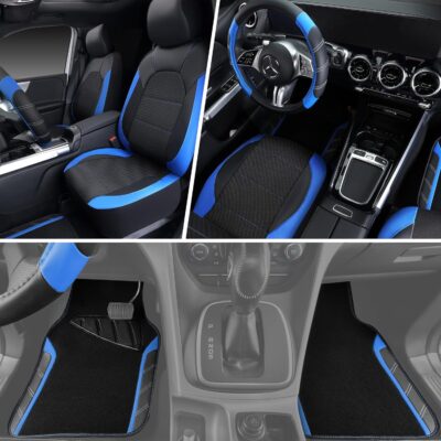 CAR PASS Air Mesh Leather Car Seat Covers Full Set, Waterproof Car Floor Mats, Sporty Steering Wheel Cover 14.5-15in, Universal Fits for 95% Cars Truck SUV (Black and Blue) - Image 4