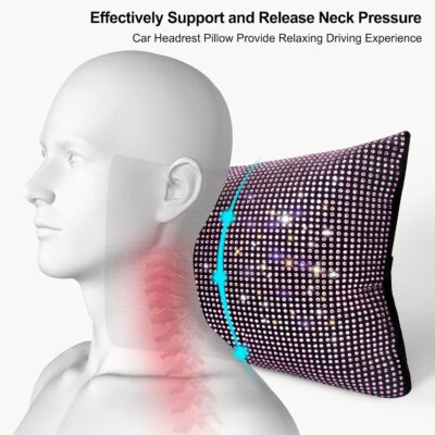 surpassme 2PCS Rhinestone Car Headrest Neck Pillow for Driving with Bling Bling Crystal Bow Pillow Car Accessories for Women (Pink) - Image 4