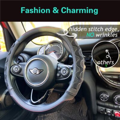 PINCTROT Steering Wheel Cover Great Grip with 3D Honeycomb Anti-Slip Design, Universal 14.5-15 Inch (Black/Red Stitch) - Image 2