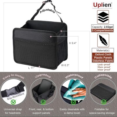 Car Seat Back Organizer Hanging Bag [2025 UPDATED] Foldable Backseat Storage Caddy with 5 Compartments & Adjustable Straps, Fits for Front/Back Headrest, Ultra-Durable - Black - Image 3