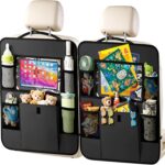 Car Backseat Organizer with Tablet Holder, 6 Storage Pockets Seat Back Protectors Kick Mats for Kids, Car Seat Protector for Road Trips 2 Pack (Black)