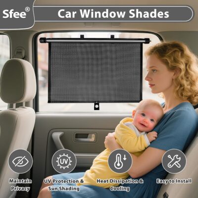 Sfee Car Window Shades for Baby-2 Pack Retractable Side Window Car Sun Shade Blocks UV Rays & Heat for Sun Protection Roller Sunshade Visor Window Shade for Kids,Passengers,Pets (20''x22'') - Image 2