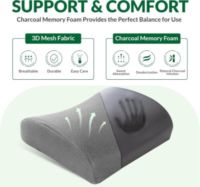 Lumbar Support Pillow for Office Chair and Car,Back Support for Office Chair,Charcoal Memory Foam Back Cushion with Breathable Mesh Cover,Double Adjustable Straps,Grey - Image 3