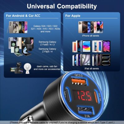 Car Charger for iPhone 17 16 15 Pro Max, Besgoods 4-Port Cigarette Lighter Adapter USB C & USB A Car Phone Charger Fast Charging Voltmeter for Galaxy S25 S24 S23 A15 A54 Android, 6ft USB C to C Cable - Image 7