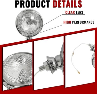 HECASA Pair Fog Lights Universal Fit 12 Volt 35 Watts Chrome Vintage Style Clear Lens Steel+Glass Adjustable Ball and Cup Mounting 2PCS - Image 4