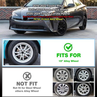 15-inch Hubcaps Wheel Covers Fit for 2016-2022 Toyota Prius & 2017-2022 Prius Prime & 2020-2024 Corolla Hybrid Wheel Rim Covers, Snap On Installation; Set of 4 Pcs (Glossy Black) - Image 2