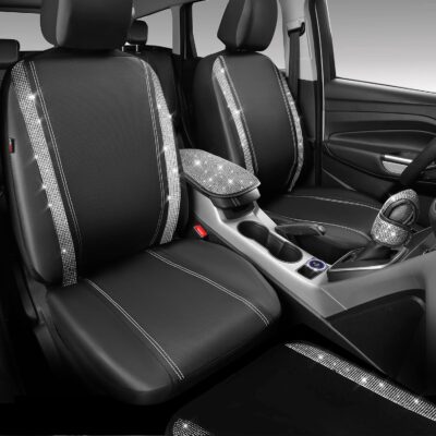 CAR PASS 23 PCS Bling Diamond Car Accessories Set for Women, Leather Seat Covers Full Set Sparkly Rhinestone15'' Steering Wheel Covers Shining Car Floor Mats Cute Aotumotive Interior Sets, Silver - Image 2