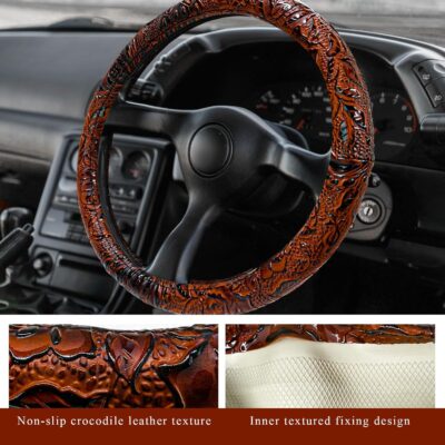 Leather Car Steering Wheel Cover, 15" Crocodile Pattern Anti Slip Car Wheel Wrap with Rose Grain, Four Seasons Universal Auto Steering Wheel Protector for Cars Trucks SUVs (Brown) - Image 2