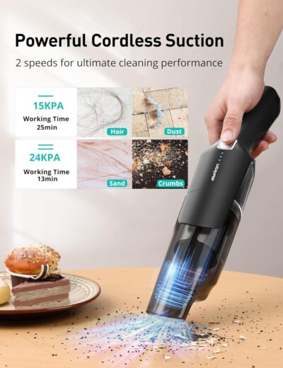 Aspiron Cordless Handheld Vacuum, 24KPA Powerful Car Vacuum, 2-Speed, 2 Charging Methods, Wireless Charger, Ergonomic Handle, Portable Rechargeable Vacuum Cleaner for Car, Home, Black Silver - Image 2