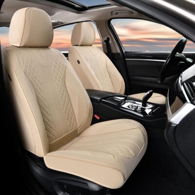 FLORICH Leather Seat Covers, Car Seat Cover Full Set Automotive Seat Covers Waterproof Car Seat Protectors 5 Seats Universal Seat Cover Fit for Most Cars SUV Trucks, Beige - Image 2