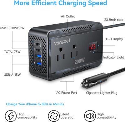 200W Car Power Inverter DC 12V to 110V AC Converter with [PD 30W & 15W] Fast Charging USB C/3.0A Dual USB Charging Ports, Car Outlet Adapter for Phone, Laptop on Road Trip (Black) - Image 3
