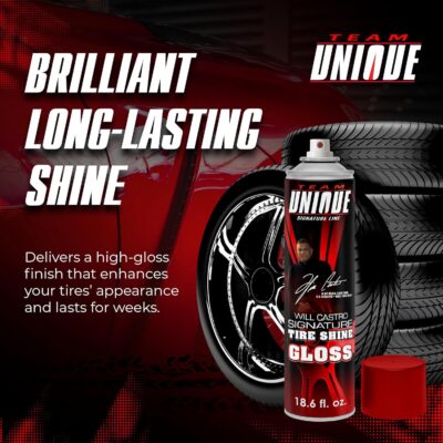 TEAM UNIQUE Tire Shine Gloss – 18.6 Fl Oz (550mL) | High-Gloss Formula for Ultimate Tire Shine | Protects Against Cracking and Fading | Non-Greasy, Low-Sling Spray for Easy Application - Image 2