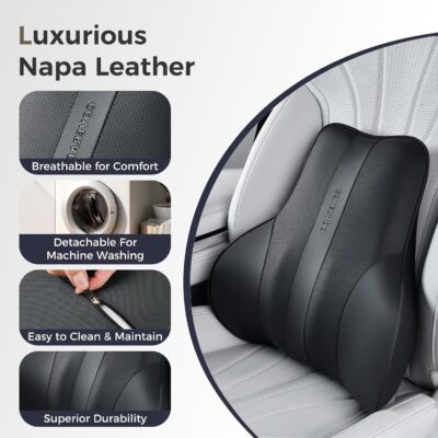 Coverado Lumbar Support Pillow for Car, Ergonomic Memory Foam Back Pillow for Office Chair, New Back Cushion for Pain Relief, PU Leather Car Lumbar Support for Driving Seat - BK - Image 5