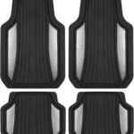 Motor Trend ChromeTech Car Floor Mats Full Set - Durable Rubber Floor Mats for Cars with Two Tone Accent, All Weather Interior Protection for Front and Rear with Non-Slip Backing, Silver Chrome