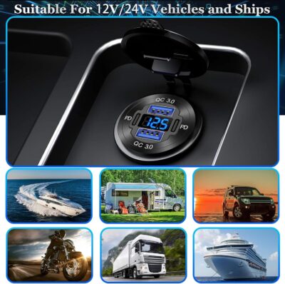 84W 4-Port 12V/24V USB Car Charger Socket with Dual PD3.0 & Dual QC3.0 Fast Charging, Aluminum Alloy Waterproof USB C Outlet with LED Voltmeter, Compatible for Cars Boats Trucks RVs Motorcycles Marine - Image 7