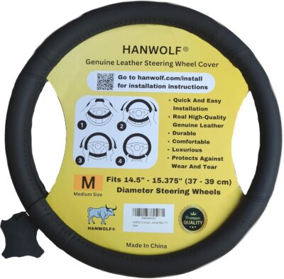 Steering Wheel Cover, Black, Real Genuine Leather, 15 inch, for Men and Women, Universal, Stretch On, Heat Resistant, Stays Cool, Non-Slip, HANWOLF - Image 5