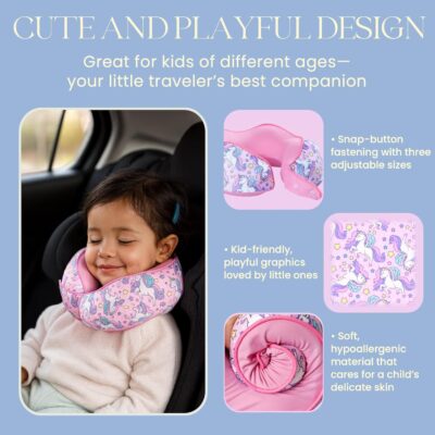 SKYTRAX® Certified Kids Safe Memory Foam Travel Neck Pillows for Kids and Toddlers, Cute Cartoon Design, Car Seat & Airplane Head Neck Support, Adjustable Snap Buttons, Washable Soft Cover (Unicorn) - Image 7