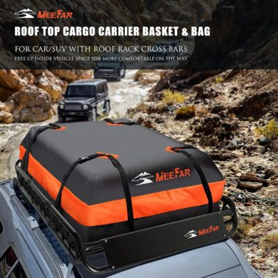 MeeFar Roof Rack Carrier Carrier Basket 51"*36"*5"+Waterproof Bag 15 Cubic Feet(44"*34"*17"),and Cargo Net with Attachment Hooks,Ratchet Straps.200 Lbs Capacity,Universal Rooftop Large Size Roof Rack - Image 8
