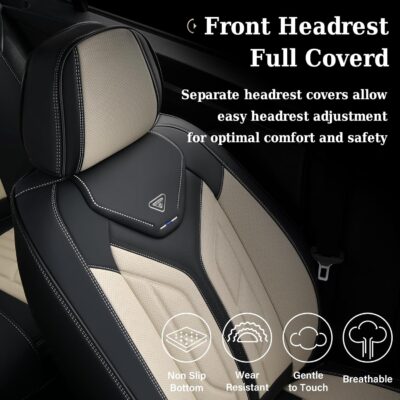 Coverado Seat Covers, Car Seat Covers Full Set, Leather Seat Covers for Cars, Automotive Seat Covers Car Seat Protector Car Accessories Fit for Most Sedans SUV Pick-up Truck(Black&Beige) - Image 5