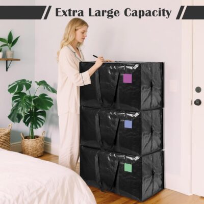 6 Pack Extra Large Heavy Duty Moving Bags with Reinforced Zipper & Wide Handles, Moisture-Resistant Storage Bins Packing Cubes for Clothes, College Dorm, Travel, and Home Organization, Black - Image 4