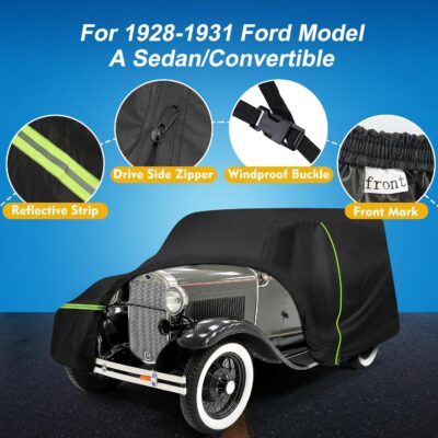 QUNSUNUS Waterproof Car Cover for Ford Model A Sedan/Convertible 1928-1931, All Weather Outdoor Car Covers with Zipper and Elastic Edges for Wind, Sun, UV and Dust Protection - Image 2