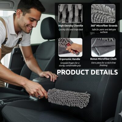 Car Duster Interior by TAKAVU, 360° Microfiber Fingers, Unbreakable Comfort Handle, Lint and Scratch Free, Include Microfiber Towel, for Car & Home Use, The Best Auto Accessories Gray - Image 3
