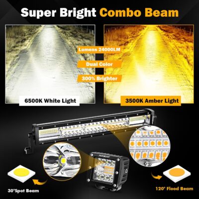 Auxbeam 22 Inch 120W LED Light Bar 2PCS 3 Inch 96W LED Pods, Amber White Fog Light 6 Modes Strobe Lights for Work Truck, Spot Flood Combo Off Road Driving Lights for Jeep ATV Utv Auto - Image 4