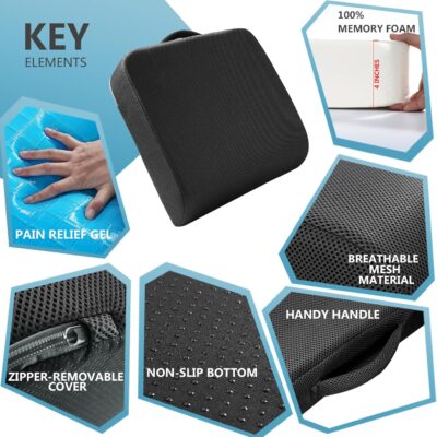 YOUFI Extra Thick Large Seat Cushion -19 X 17.5 X 4 Inch Gel Memory Foam Cushion with Carry Handle Non Slip Bottom - Pain Relief Coccyx Cushion for Wheelchair Office Chair (Black (1PACK)) - Image 4