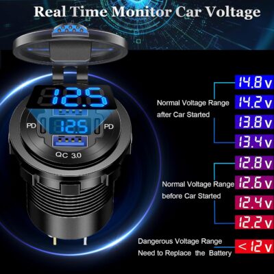 84W 4-Port 12V/24V USB Car Charger Socket with Dual PD3.0 & Dual QC3.0 Fast Charging, Aluminum Alloy Waterproof USB C Outlet with LED Voltmeter, Compatible for Cars Boats Trucks RVs Motorcycles Marine - Image 4