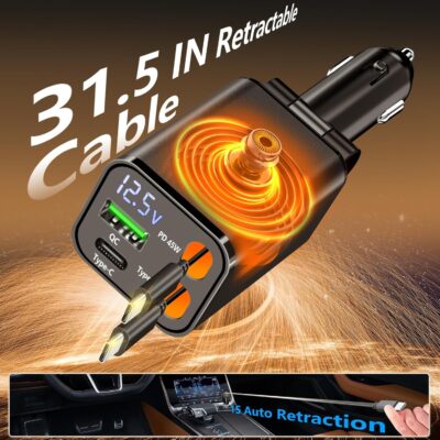 [Apple MFi Certified] Retractable Car Charger USB C, Braveridge 120W USB C Car Charger 4 in 1 PD/QC Type C Fast Charge Cigarette Lighter Adapter for iPhone 17/17 Pro Max/16 Pro/15/Galaxy S26/S25/Pixel - Image 4