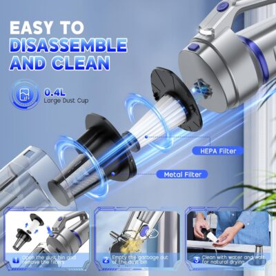 Handheld Vacuum Cordless, 16000PA Strong Suction Hand Held Car Vacuum Cleaner, Portable Hand Vacuum Rechargeable with Multi-Nozzles & LED Light for Home, Car, Office, Pets - Image 4