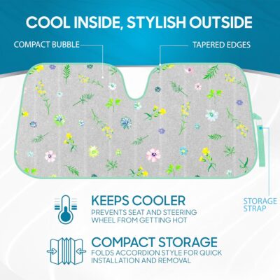 BDK Pastel Flowers Front Windshield Sunshade Accordion Folding Style Auto Shade for Cars Trucks SUVs Vans Blocks UV Rays Sun Visor Protector Easy Setup Keeps Your Vehicle Cool (58" x 27") - Image 2