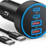 USB C Car Charger, 90W 4-Port Super Fast Charging Car Charger Adapter Dual USB-C & USB-A Cigarette Lighter with 240W Type C to C Cable Cord for Samsung Galaxy S25/S24/S23/S22/S21 Ultra, Android Phone