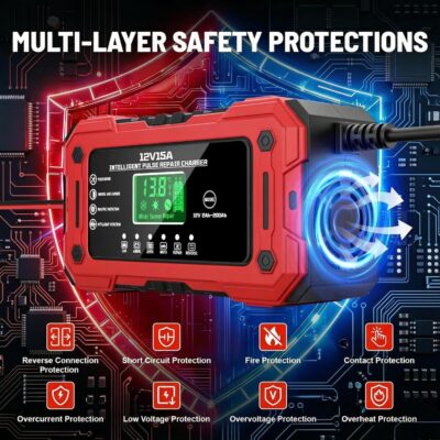 Battery Charger 15A 12V Fully Automatic Smart Trickle Car Battery Charger Maintainer with LCD Display & Temperature Compensation for Car Truck Motorcycle Lawn Mower Boat - Image 6