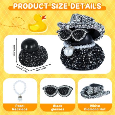 Black Diamond Rubber Duck with White Diamond Hat, Sunglasses & Pearl Necklace - Funny Car Dashboard Decor Accessory, Premium PVC Material - Image 2