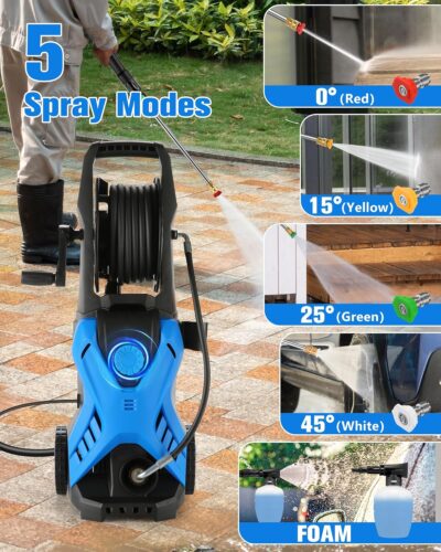 Electric Pressure Washer, 2.8 GPM High Power Washer Adjustable Pressure 2500PSI-5000PSI with 33FT Extension Hose Reel, 4 Nozzles and Soap Bottle for Cars/Fences/Driveways - Image 4