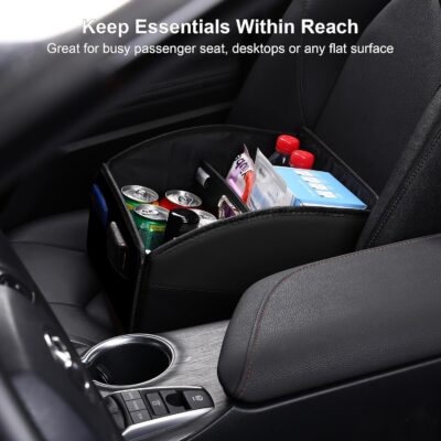 Car Storage Organizer [2025 UPDATED] Leather Car Caddy Basket for Front Seat Floor Back Seats Metal Handle 6 Compartments Adjustable Strap Buckles Slip-Resistant (Black) - Image 3