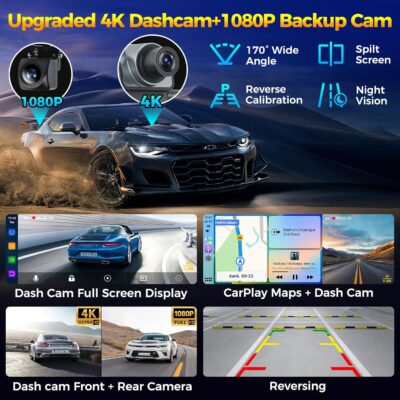 10.26" Wireless Apple CarPlay Android Auto Car Screen - Secure Strong Bracket, 4K Dash Cam, GPS Navigation, HD Touchscreen, AirPlay, Car Stereo, Fits All Vehicles - Image 3