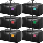 6 Pack Extra Large Heavy Duty Moving Bags with Reinforced Zipper & Wide Handles, Moisture-Resistant Storage Bins Packing Cubes for Clothes, College Dorm, Travel, and Home Organization, Black