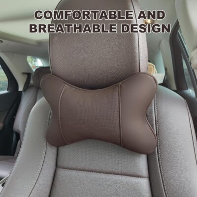 2 Pack Car Neck Pillow PU Leather Automotive Headrest Pillow for Car Support Neck Pain Relief Universal Car Pillow (Brown) - Image 3